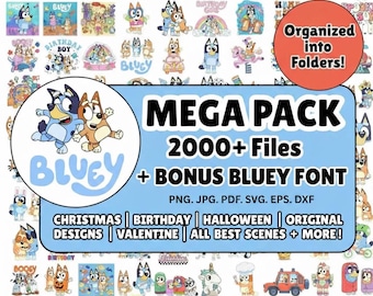Mega pakiet Bluey PNG SVG i darmowa dodatkowa czcionka! | Bluey Family Png | Bluey and Friends | Bluey and Bingo Png | Naklejki, sublimacja, koszulki