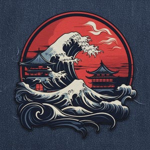 May include: A patch featuring a Japanese-style design with a large wave, two pagodas, and a red sun in a circular frame. The wave is white and blue, and the pagodas are blue with red accents. The background is a dark blue denim texture.