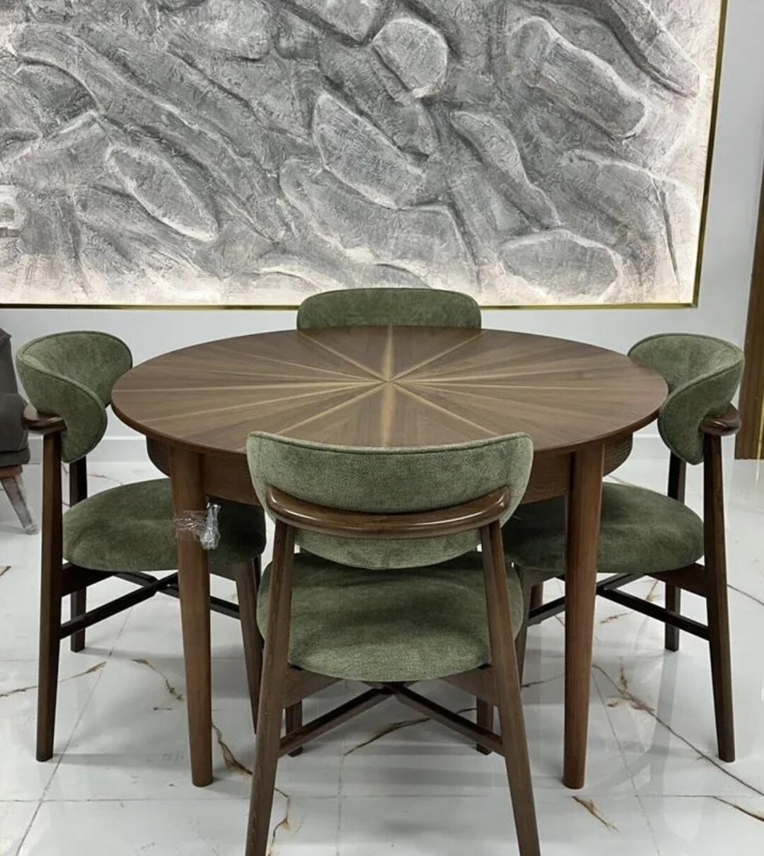 Round Extendable Walnut Round Extendable Walnut Wood Dining Set, Four Upholstered Chairs - Etsy ...