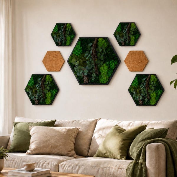 5-delige set moszeshoeken in groene stijl - Set met kurk | Mosdecoratie met honingraatmotief | Moderne moswanddecoratie voor de woonkamer | Natuurcadeau - Verrassing