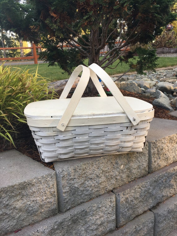 Vintage White Shabby Chic Wood Slat Picnic Basket,