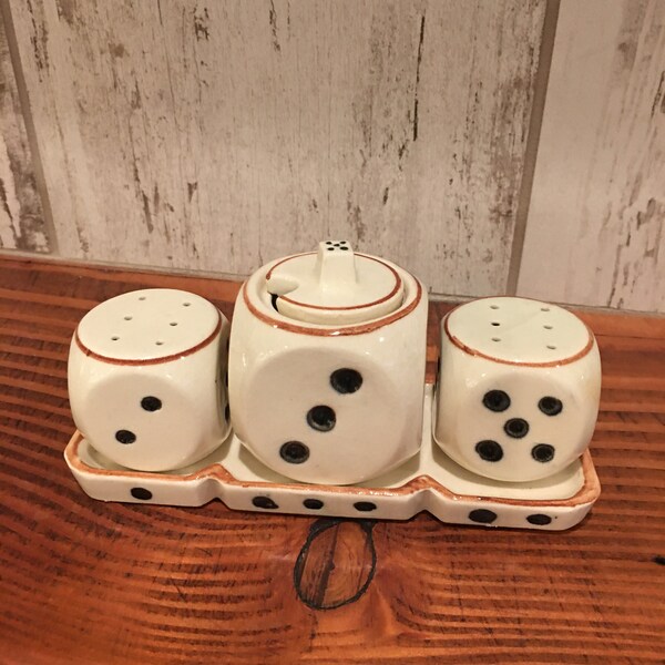 Dice Salt and Pepper Shakers with Mustard Pot, Made in Japan, Vintage Ceramic Dice Shakers with Tray, Set of 3 Dice Shakers with Tray, Japan