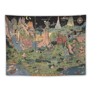 May include: A tapestry displaying a detailed, vintage-style map labelled "The Land of Make Believe." The map illustrates a whimsical landscape with castles, winding roads, rivers, and a sailing ship. The colour palette includes greens, blues, and browns.
