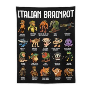 Op de afbeelding: Zwarte wandtapijt met de witte tekst "ITALIAN BRAINROT". Het toont cartoon illustraties van verschillende wezens en objecten, elk met een unieke Italiaanse naam.