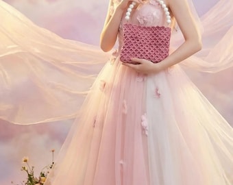 Handmade Pink Crochet Bag with Pearl Handle, Elegant Evening Clutch, Bridal, Prom & Graduation Ball Bag, Gift for Her, Wedding Bag