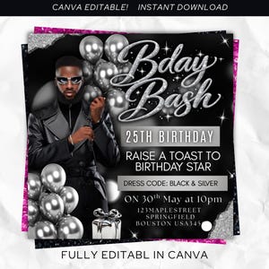 Puede incluir: Una plantilla de invitación de cumpleaños digital con una persona con abrigo negro y gafas de sol, globos plateados y un regalo. El texto incluye Bday Bash, 25th Birthday, Raise a Toast to Birthday Star, Dress Code: Black & Silver y detalles del evento.