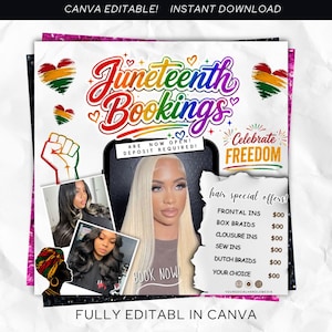 Puede incluir: Un folleto promocional para Juneteenth Bookings, con una mujer con cabello largo y rubio. El diseño incluye el texto "Juneteenth Bookings" en escritura colorida, imágenes de peinados y las palabras "Celebrate Freedom".
