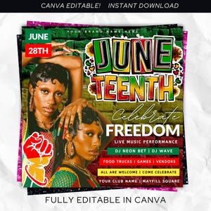 Puede incluir: Un folleto promocional para un evento de Juneteenth con dos mujeres y las palabras "JuneTeenth Celebrate Freedom". El folleto incluye detalles sobre música en vivo, camiones de comida y juegos. La fecha del evento es el 28 de junio.