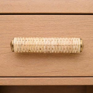 Può includere: Un cassetto in legno marrone chiaro con una maniglia in rattan intrecciato. La maniglia ha estremità in metallo color ottone. Il cassetto fa parte di un mobile in legno marrone chiaro. Il mobile ha un design semplice e moderno.