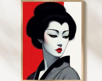 Impression portrait geisha kimono rouge vif, style Patrick Nagel
