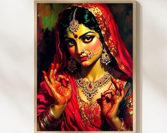 Portrait de jeune mariée indienne de style Tretchikoff | Décoration murale rétro, bijoux en or, mains au henné