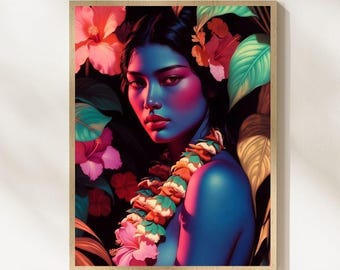 Portrait de beauté tropicale de style Tretchikoff impression | Art mural rétro fleurs d'hibiscus bleu peau