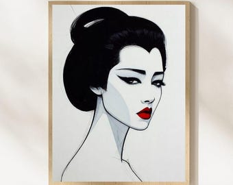 Impression portrait Seductive Updo lèvres rouges, style Patrick Nagel