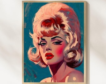 Impression portrait blonde de style Tretchikoff | Art mural rétro yeux bleu sarcelle cheveux platine