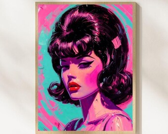 Impression portrait rétro Pop Art | Décoration murale cheveux foncés kitsch tourbillonnante tons violets