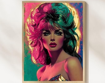Tretchikoff Style Glam Portrait Print | Pink Teal Hair Retro Kitsch Wall Decor