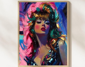 Portrait de diva glamour rétro | Art mural kitsch rose sarcelle avec robe à sequins des années 80
