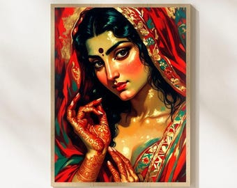 Portrait beauté indienne de style Tretchikoff | Henné mains sari rouge rétro kitsch art
