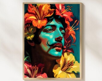 Surreal Male Portrait With Lilies Wall Art Bold Colour Retro Floral Statement Artwork