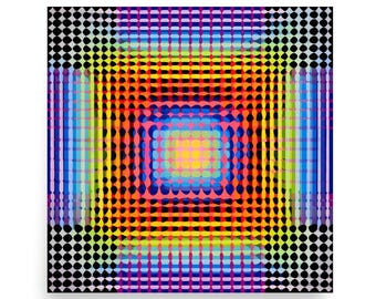 Impressão artística de parede com ilusão de ótica colorida, pôster com padrão geométrico retrô de arte óptica.