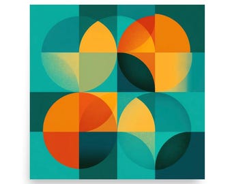 Impressão artística abstrata geométrica em tons de verde-azulado e laranja, estilo retrô de meados do século XX.