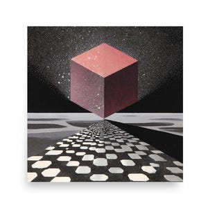 Floating Cube Optical Illusion Wall Art Print, Geometric Op Art Retro Poster
