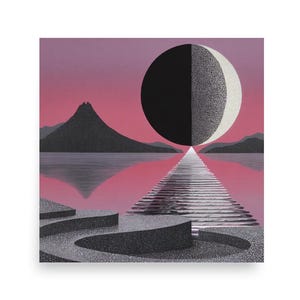 Retro Op Art Print – Pink Purple Geometric Landscape Moon Illusion Wall Art