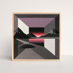 May include: Geometric landscape art print in a wooden frame. The artwork features a stylized mountain range, a lake, and a geometric design with shades of gray, black, white, and purple. The sunset is depicted in red and black.