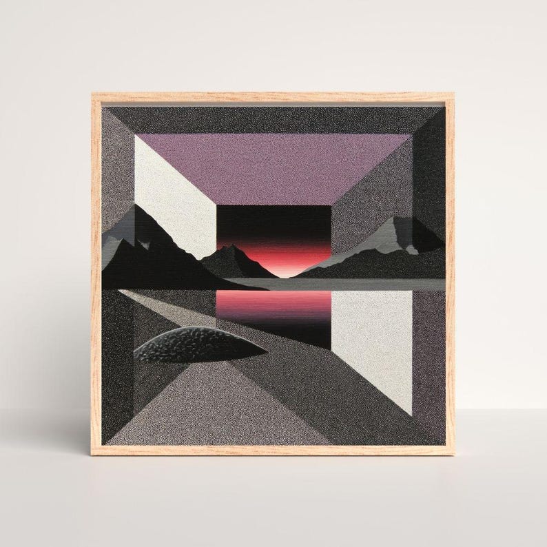 May include: Geometric landscape art print in a wooden frame. The artwork features a stylized mountain range, a lake, and a geometric design with shades of gray, black, white, and purple. The sunset is depicted in red and black.