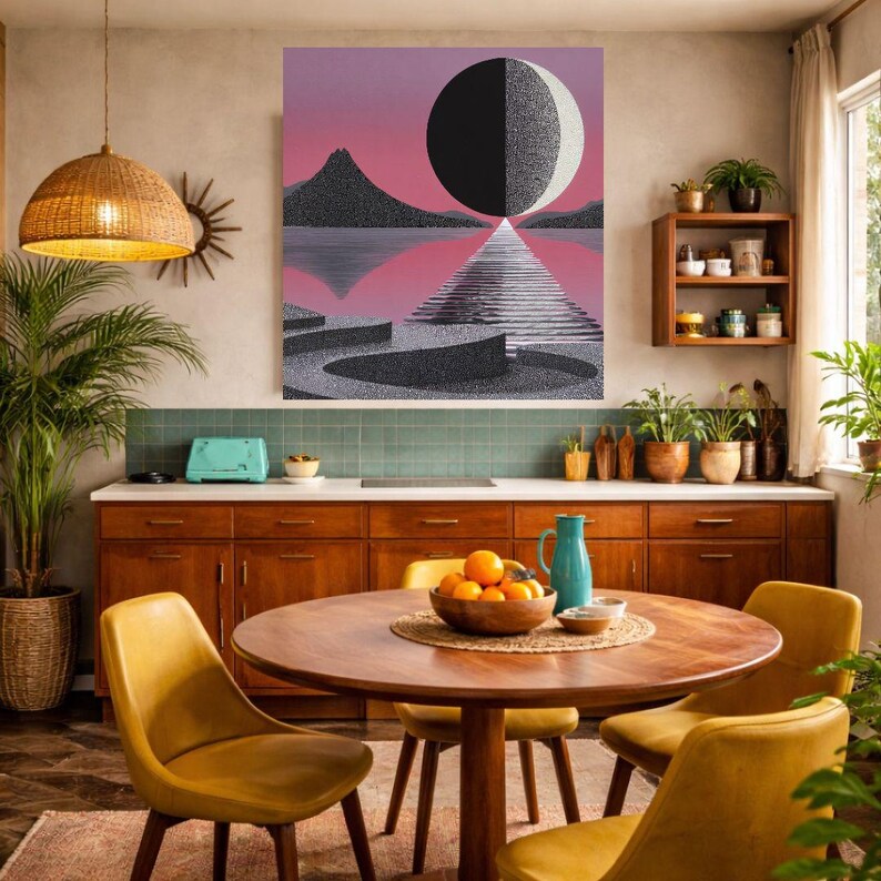 K&ouml;nnte beinhalten: K&uuml;cheninterieur mit einem runden Holztisch und vier gelben St&uuml;hlen. Ein gro&szlig;es abstraktes Kunstwerk an der Wand zeigt einen schwarz-wei&szlig;en Mond &uuml;ber einer Landschaft. Die K&uuml;che umfasst Holzschr&auml;nke, einen t&uuml;rkisfarbenen Toaster und verschiedene Topfpflanzen.