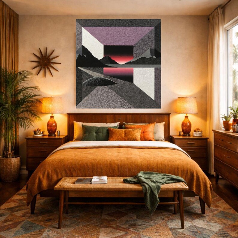 May include: A bedroom with a large abstract art piece above a bed with an orange comforter. The room has a wooden headboard, nightstands with lamps, and a bench at the foot of the bed. A green throw blanket and decorative pillows add color.