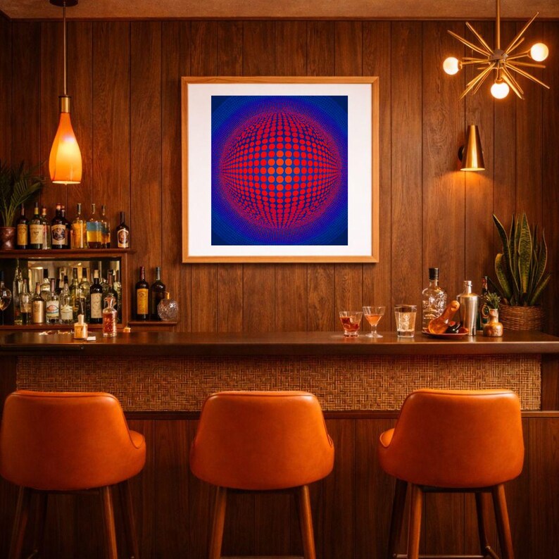 May include: A retro bar scene featuring orange bar stools, a wooden bar, and a framed abstract artwork with a red and blue spherical design. The bar is stocked with bottles and glassware, set against dark wood paneling.