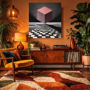 Pode incluir: Uma sala de estar em estilo retro com uma obra de arte marcante que retrata um cubo rosa sobre um caminho a preto e branco. A sala inclui uma poltrona mostarda, um arm&aacute;rio de madeira, um tapete felpudo e uma gira-discos vintage.