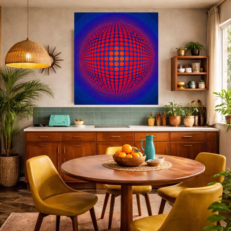 May include: A kitchen interior featuring a round wooden table and yellow chairs. A large abstract artwork with a red and blue dot pattern is displayed on the wall. A woven pendant light hangs above the table, and a wooden cabinet is below the artwork.