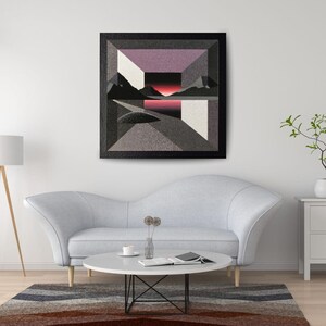May include: Abstract geometric wall art featuring a landscape scene with mountains, a lake, and a sunset. The artwork uses a palette of gray, black, white, and shades of purple and red. The piece is framed in a black rectangular frame.