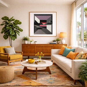 May include: A living room scene featuring a mid-century modern aesthetic. A large framed abstract art piece hangs above a wooden cabinet. A yellow armchair, a white sofa with colorful pillows, and a round coffee table complete the space.