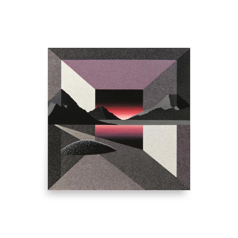 Retro Geometric Op Art Print – Purple Red Abstract Landscape Optical Illusion