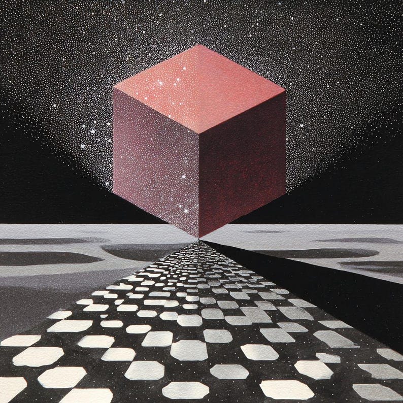 Pode incluir: Uma pintura abstrata com um cubo vermelho flutuando sobre um caminho quadriculado. O fundo &eacute; um c&eacute;u estrelado, com um gradiente de preto e branco. O caminho leva ao cubo, criando uma sensa&ccedil;&atilde;o de profundidade.