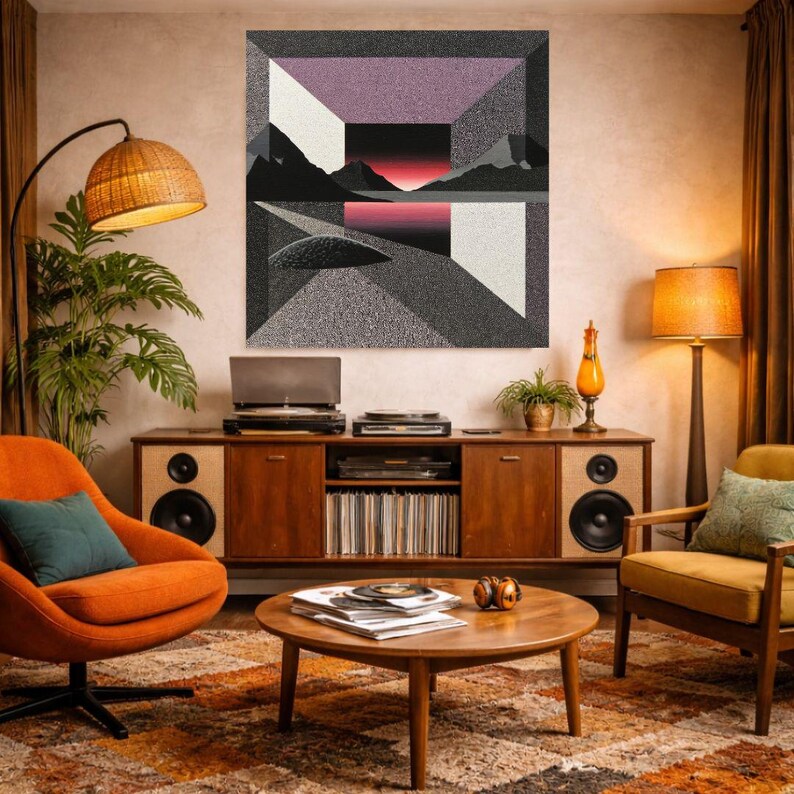 May include: A retro-style living room with a mid-century modern aesthetic. The room features an orange armchair, a wooden cabinet with a record player, and a geometric artwork on the wall. A woven lamp and a patterned rug add to the vintage vibe.