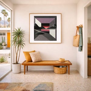 May include: A living room scene featuring a wooden bench with a woven seat, adorned with pillows and a straw hat. A framed abstract art piece hangs above. A potted plant and a colorful rug add to the decor. The room has a bright, airy feel.