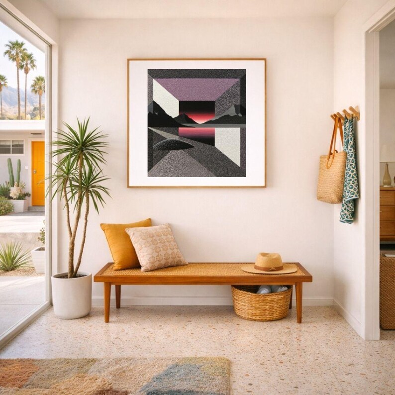 May include: A living room scene featuring a wooden bench with a woven seat, adorned with pillows and a straw hat. A framed abstract art piece hangs above. A potted plant and a colorful rug add to the decor. The room has a bright, airy feel.