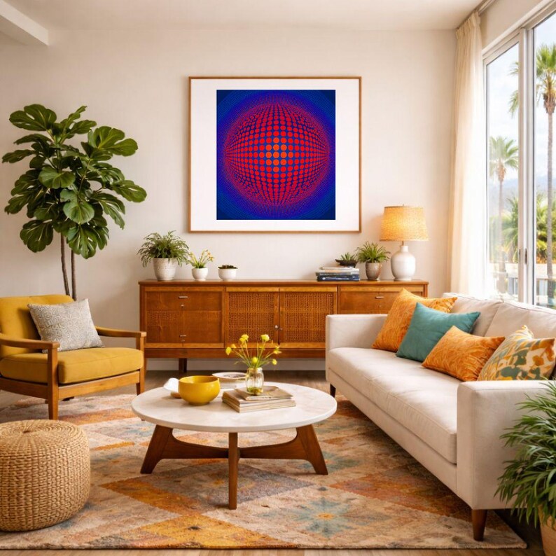 May include: A living room with a framed artwork depicting a red and blue sphere. The room includes a yellow armchair, a white sofa with colourful cushions, a wooden cabinet, and a patterned rug.