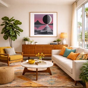 K&ouml;nnte beinhalten: Ein Wohnzimmer mit einem gro&szlig;en gerahmten Kunstwerk mit einem geometrischen Design in Schwarz, Wei&szlig; und Rosa. Der Raum umfasst einen gelben Sessel, ein wei&szlig;es Sofa mit bunten Kissen, einen Holzschrank und einen runden Couchtisch.