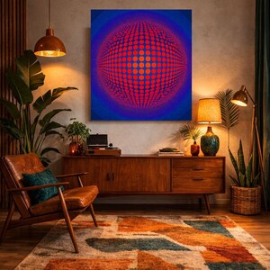 May include: An abstract artwork with a red sphere made of dots on a blue backdrop. The image shows the artwork in a room with mid-century modern furniture, including a wooden cabinet, leather chair, and patterned rug. The room is lit by warm lighting.