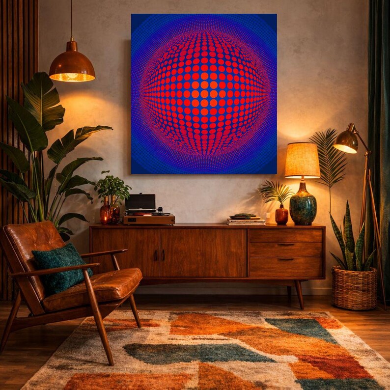 May include: An abstract artwork with a red sphere made of dots on a blue backdrop. The image shows the artwork in a room with mid-century modern furniture, including a wooden cabinet, leather chair, and patterned rug. The room is lit by warm lighting.