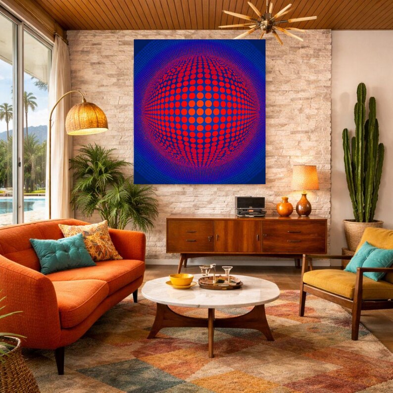 May include: A living room featuring mid-century modern design. An orange sofa with teal and patterned cushions is positioned near a window. A large abstract artwork with red and blue dots adorns the wall. A round coffee table and a yellow chair complete the scene.