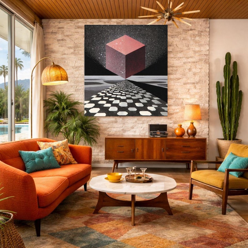 Pode incluir: Uma sala de estar de estilo retro com um sof&aacute; laranja, uma poltrona amarela e uma mesa de centro redonda. Uma grande pintura abstrata de um cubo vermelho est&aacute; pendurada na parede de tijolos. A sala &eacute; decorada com plantas e um tapete estampado.