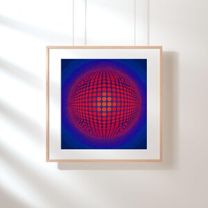 May include: Framed artwork with an abstract design. The image displays a spherical pattern made of red and orange dots on a dark blue backdrop. The artwork is enclosed in a light wood frame, offering a contemporary look, suitable for various interior styles.