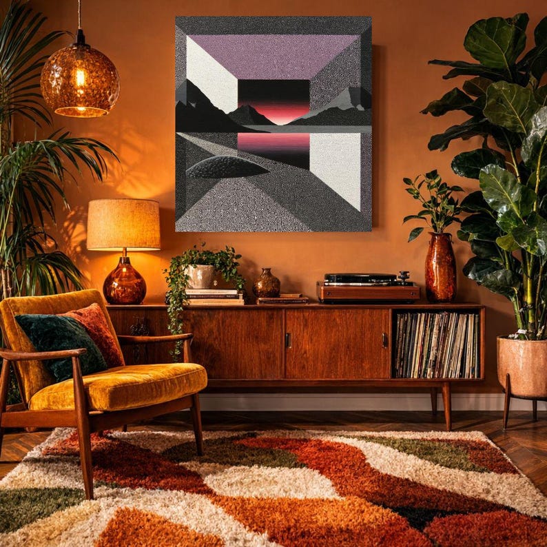 May include: A mid-century modern living room with a large abstract art piece. The room features a mustard yellow armchair, a wooden cabinet with a record player, and a shag rug with orange, white, and green patterns. A large potted plant is on the right.