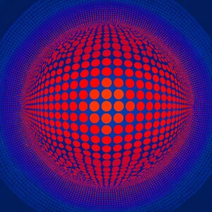 May include: Abstract digital artwork showing a 3D sphere made of red and orange dots on a blue backdrop. The dots create depth and dimension, with a gradient effect, giving a sense of movement.
